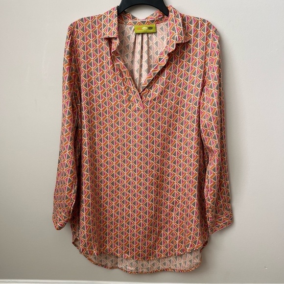 Rock Flower Paper Faye Twill Poet Tunic Top Gray Pink Orange Split Neck Sz S - Picture 1 of 7